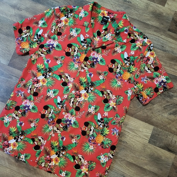 Disney Mickey Mouse Men's Red Hawaiian Surf Board Button Down Shirt Size L - Picture 2 of 8